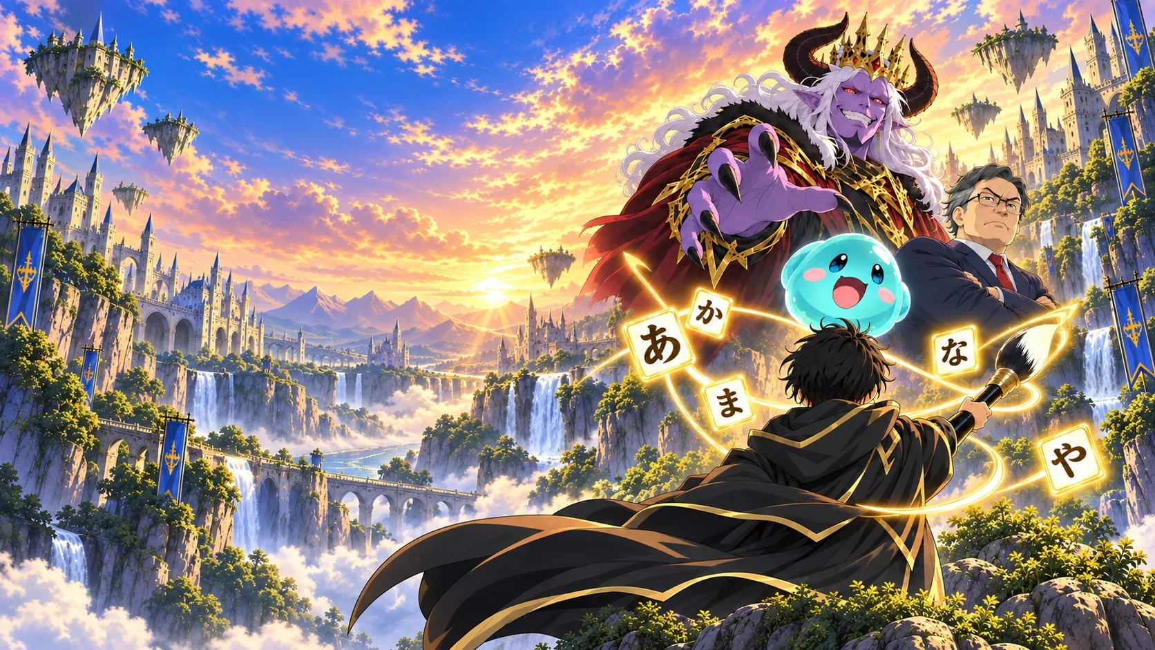 文字の魔法を操る主人公と、スライム、課長、魔王。滝と天空の城が広がる、もじもじ無双の世界。